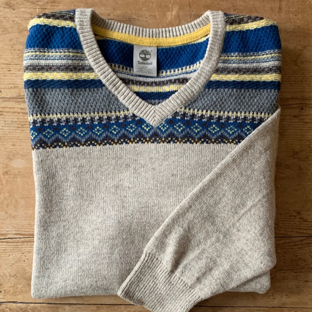 Timberland Fairisle V-Neck Sweater in Blue Cream wool blend